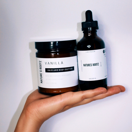 Lavender Hair & Body Oil paired with Vanilla Hair & Body Butter.