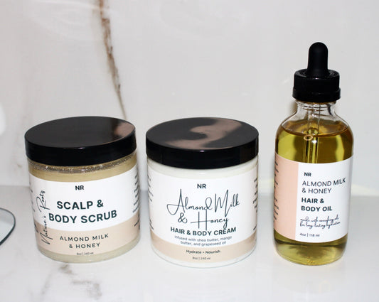 Almond Milk and Honey Hair and Body Collection. Includes Scalp & Body Scrub, Hair & Body Cream, Hair & Body Oil.