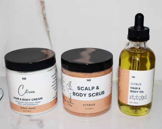Citrus Hair and Body Collection. Includes Scalp & Body Scrub, Hair & Body Cream, Hair & Body Oil.